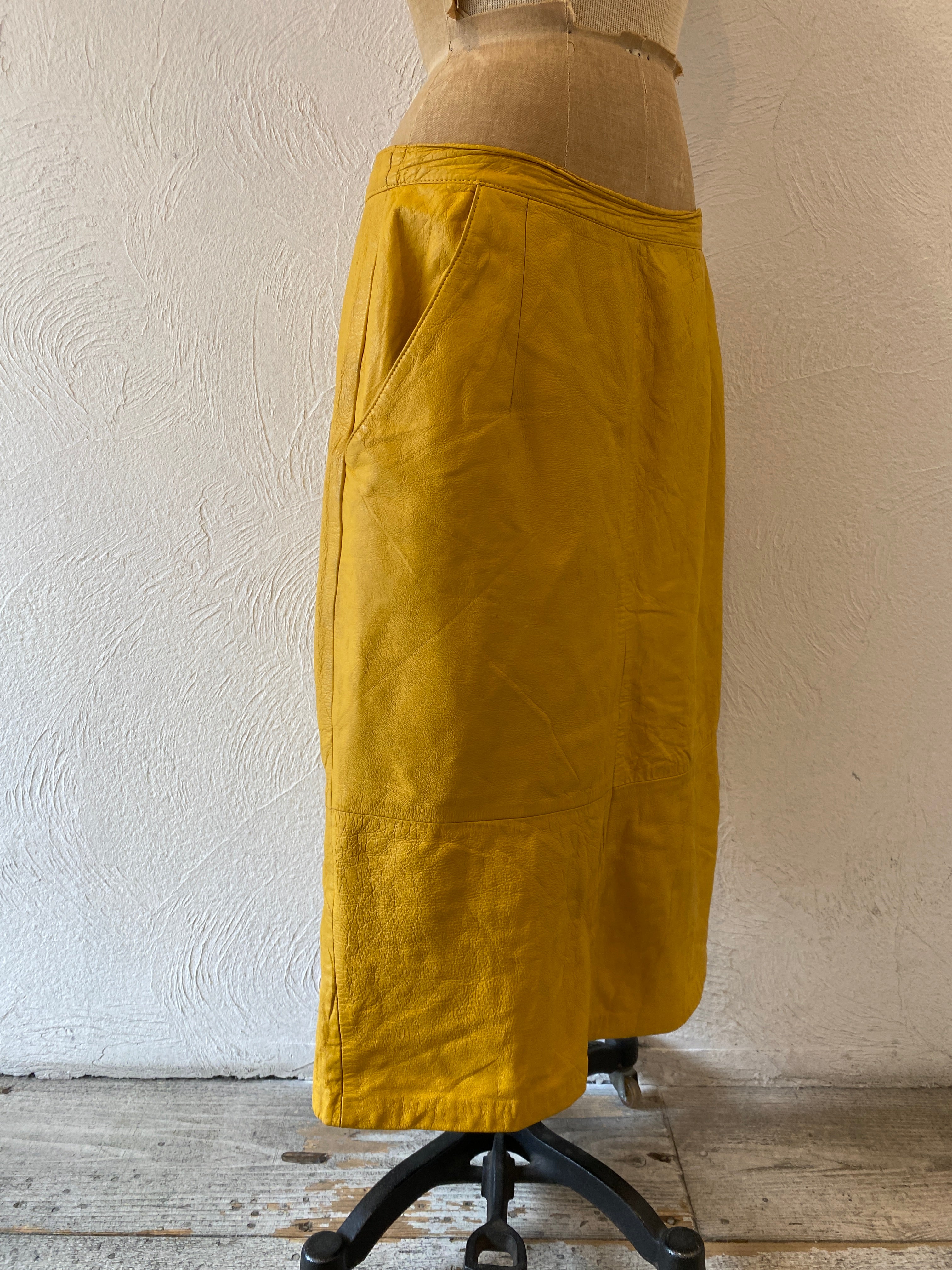 yellow leather skirt