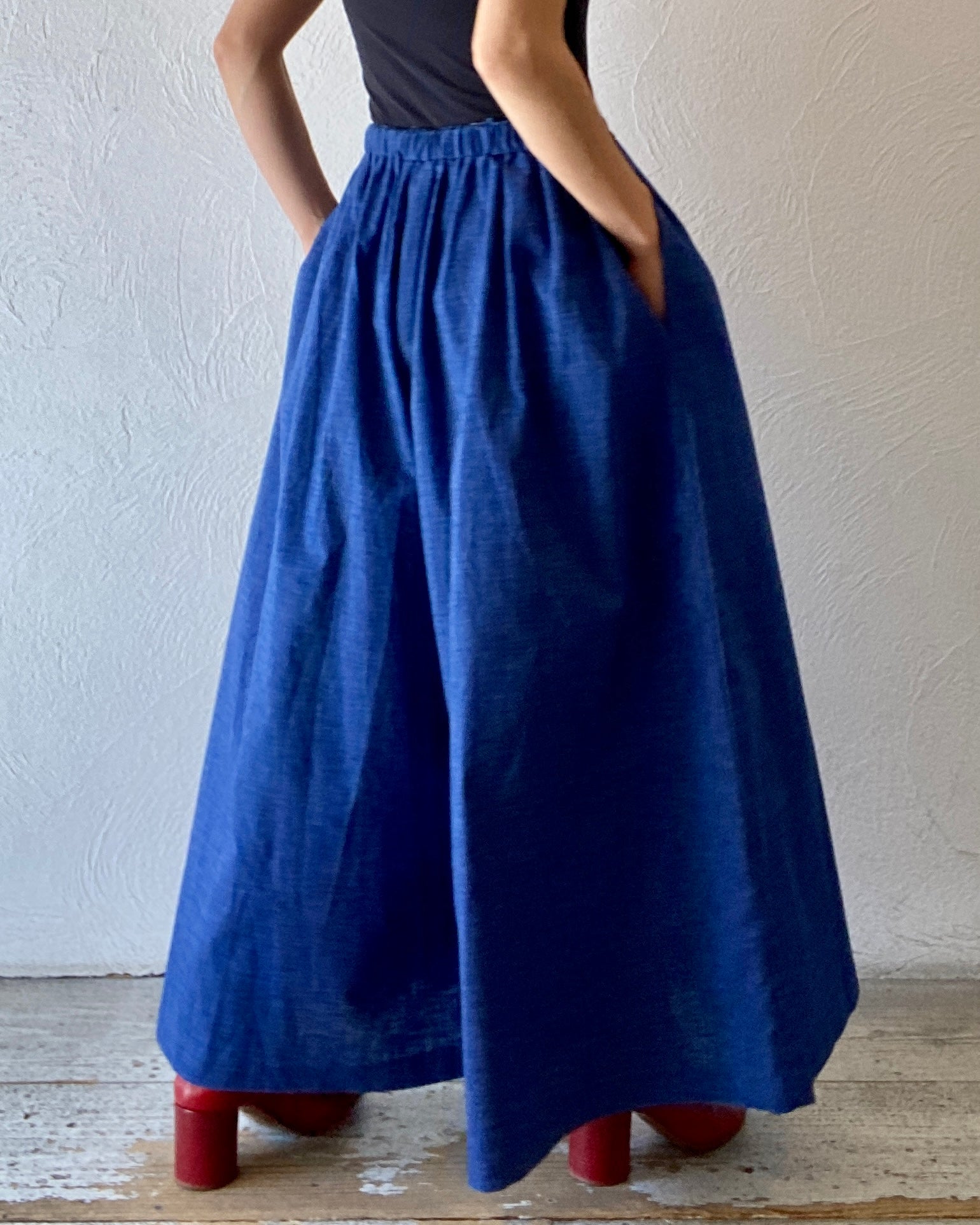 super wide indigo pants