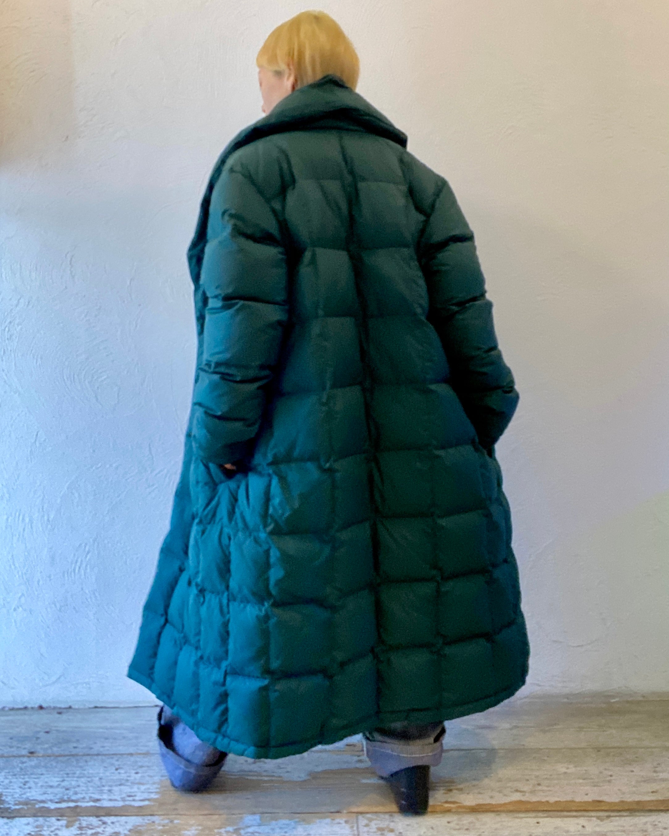 check & down long coat