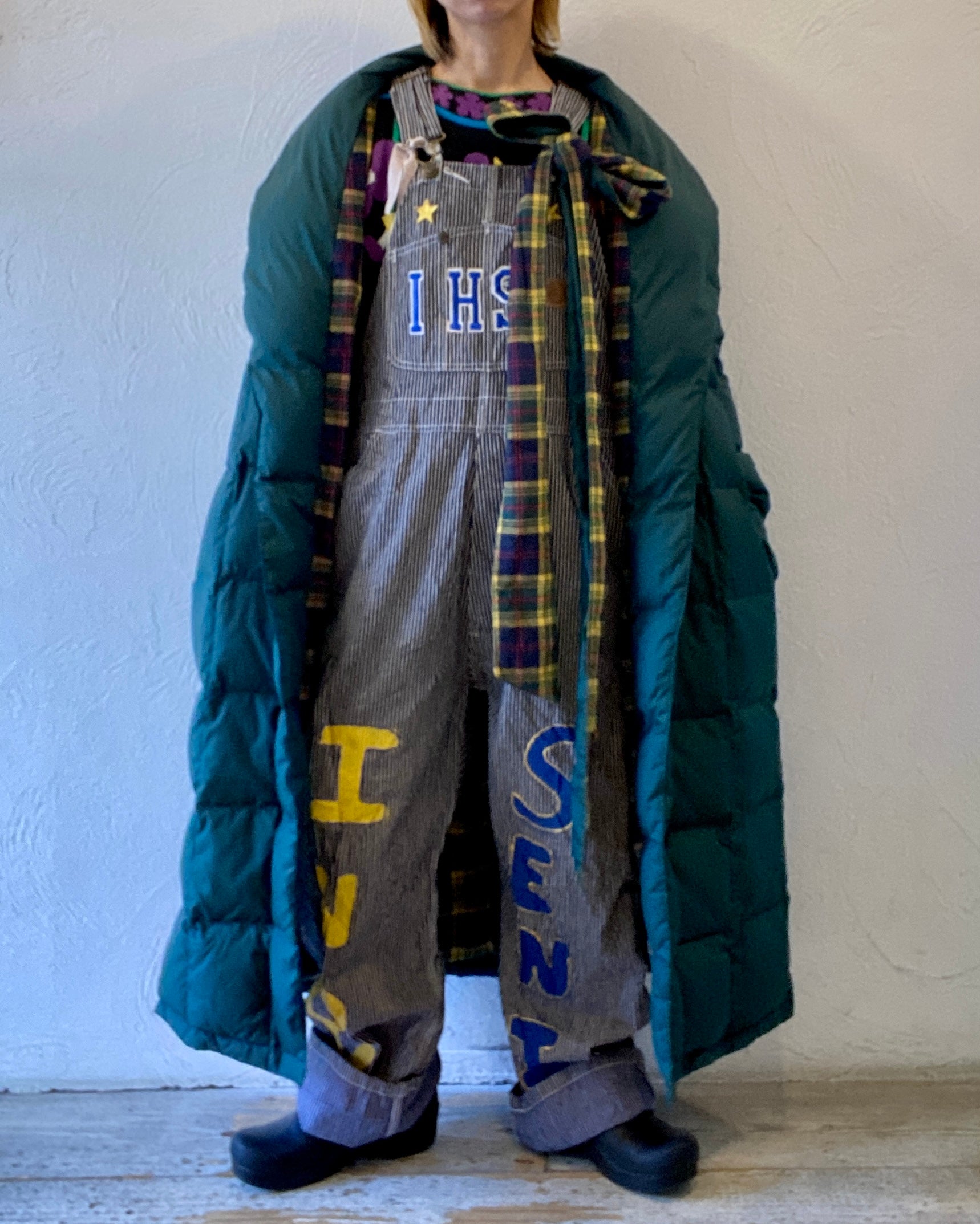 check & down long coat