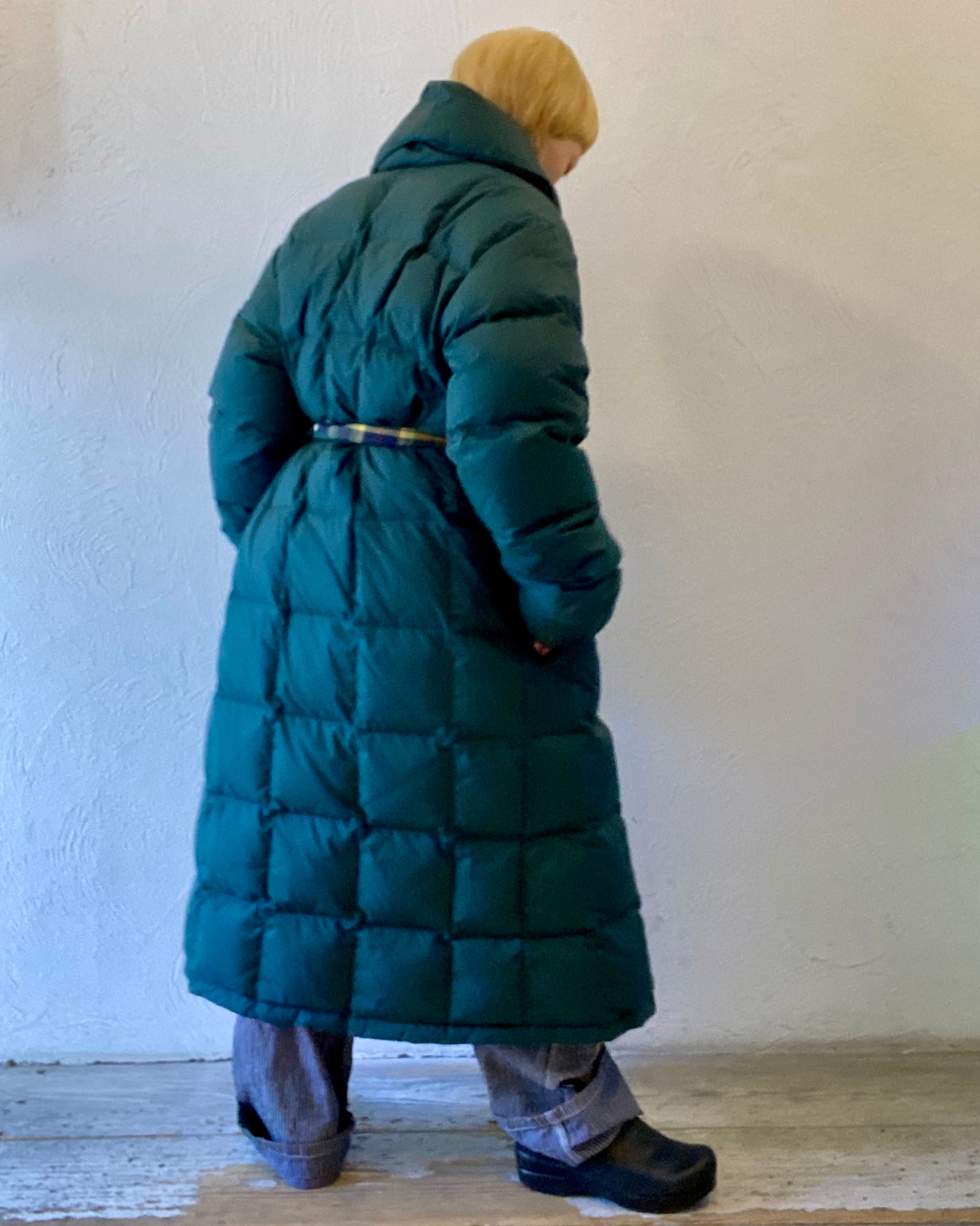 check & down long coat
