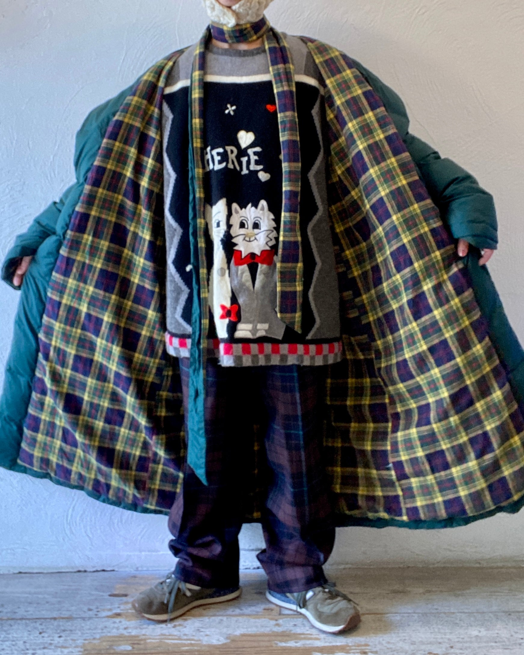 check & down long coat