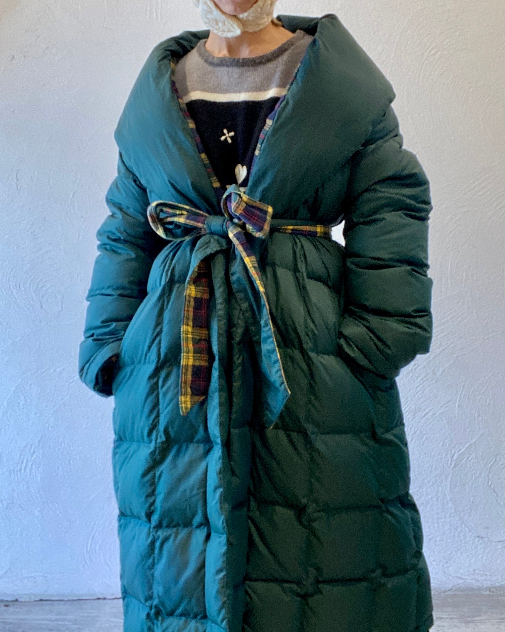 check & down long coat