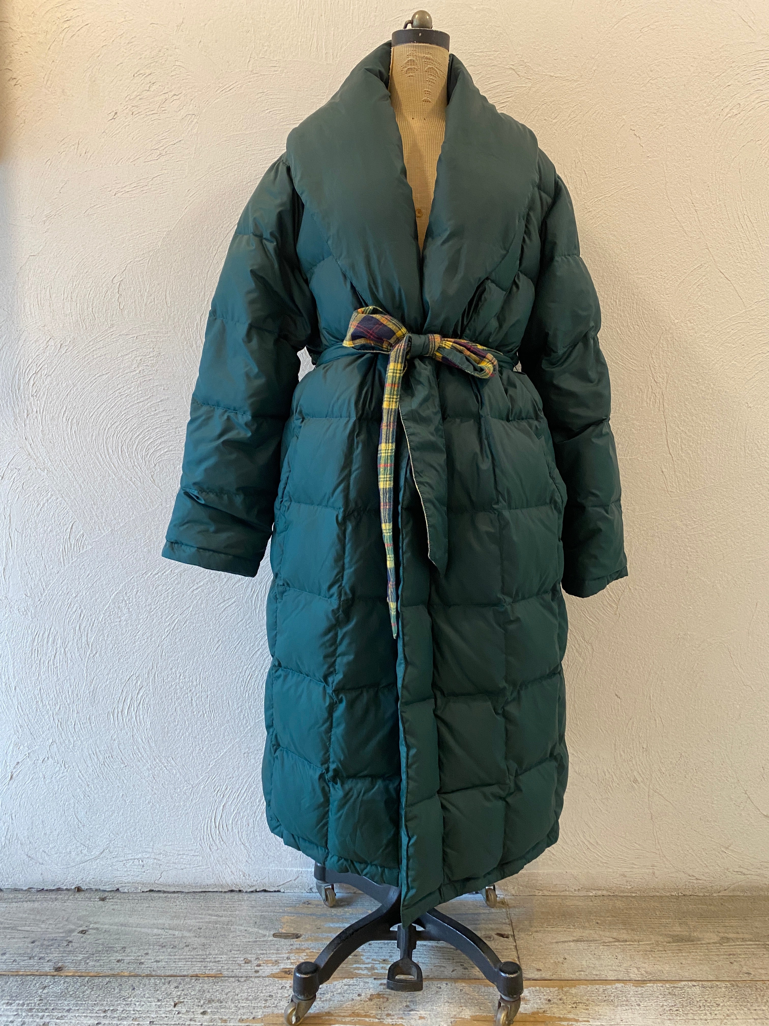 check & down long coat