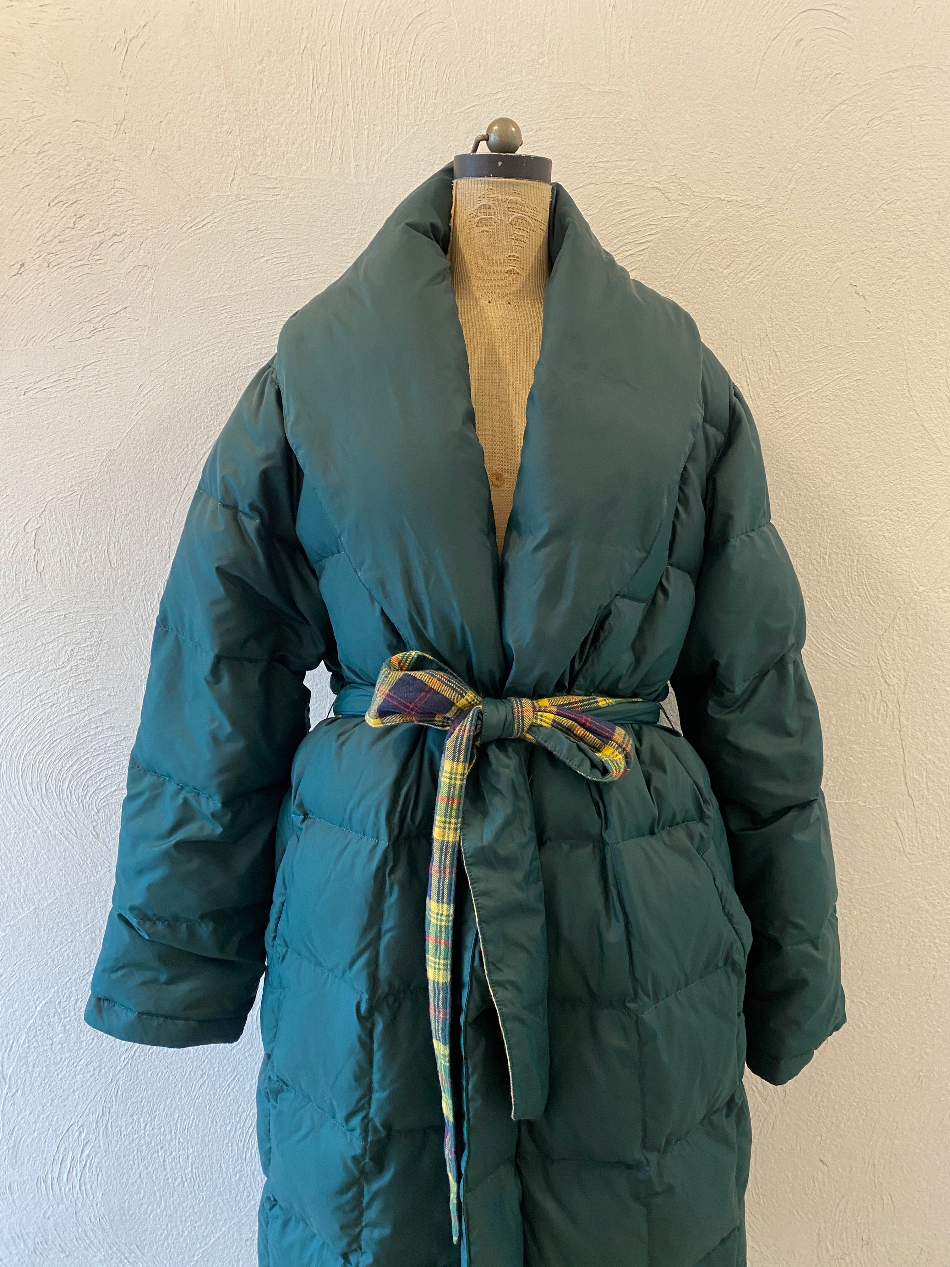 check & down long coat