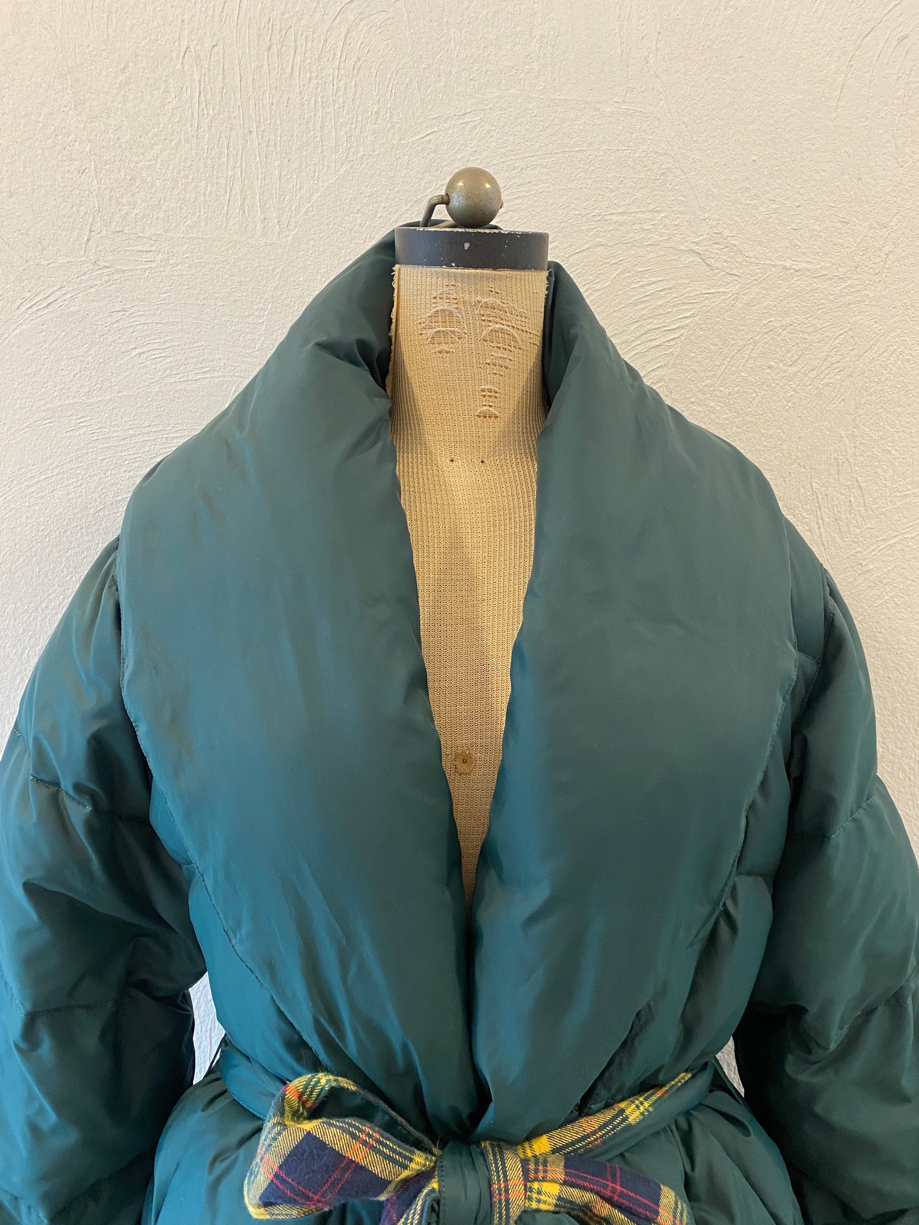 check & down long coat