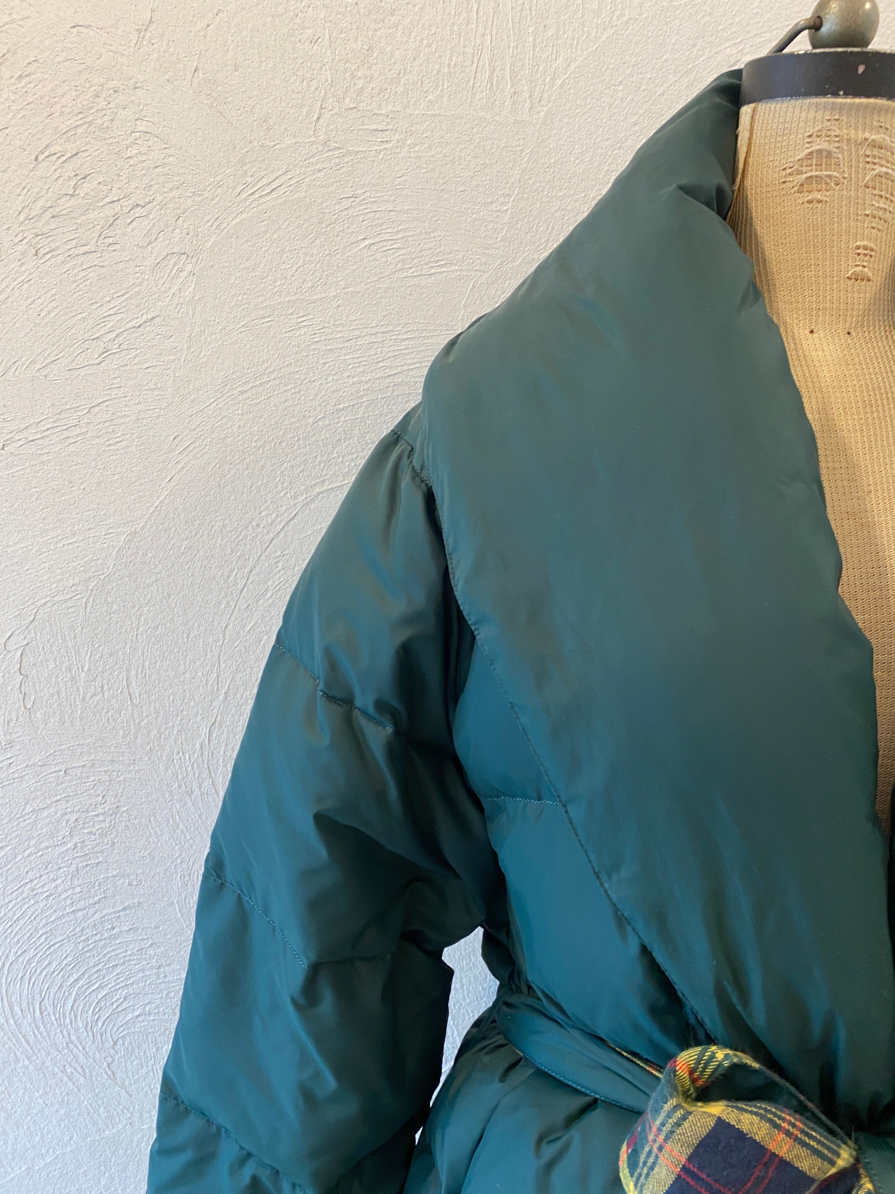 check & down long coat