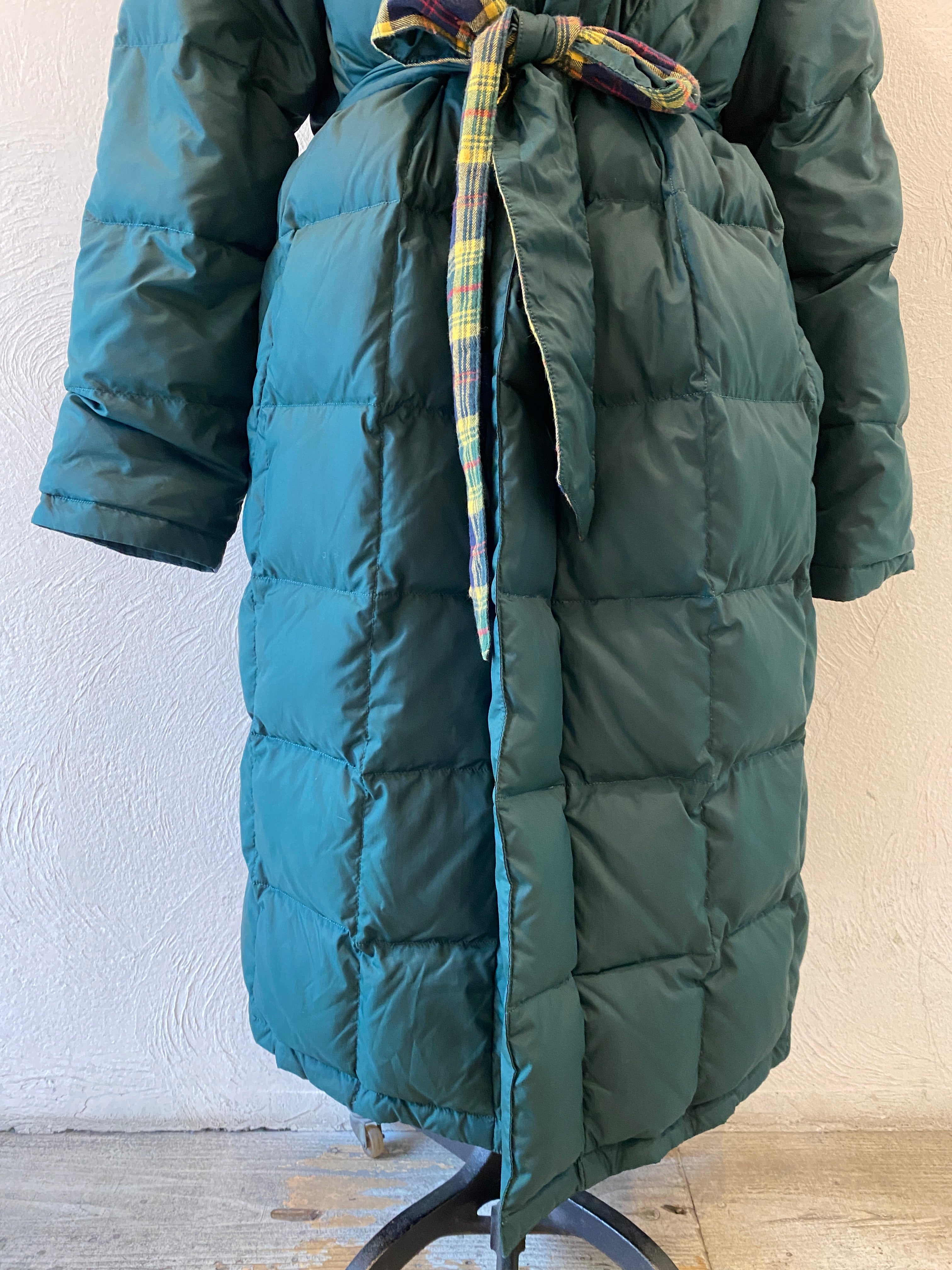 check & down long coat