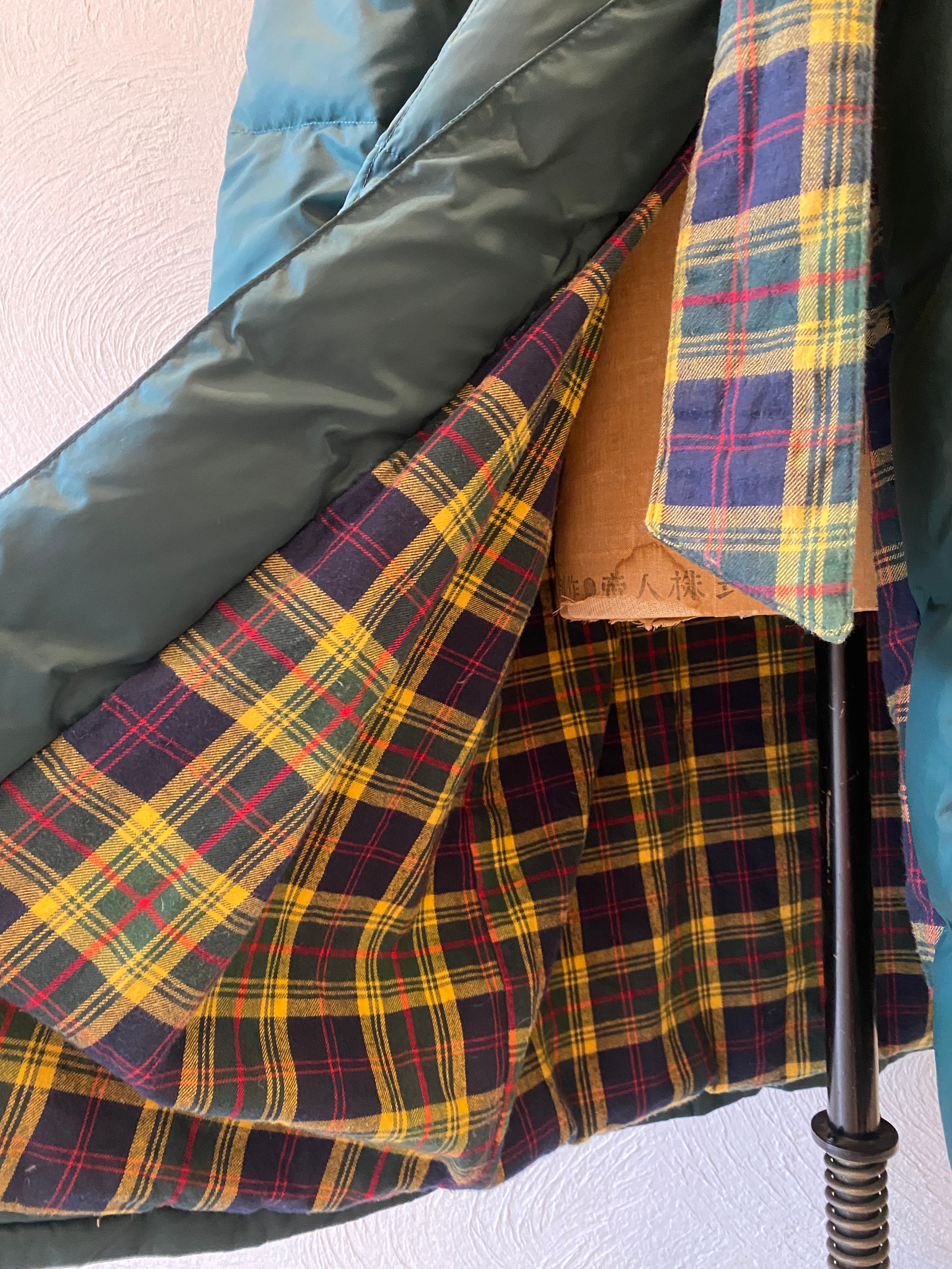 check & down long coat