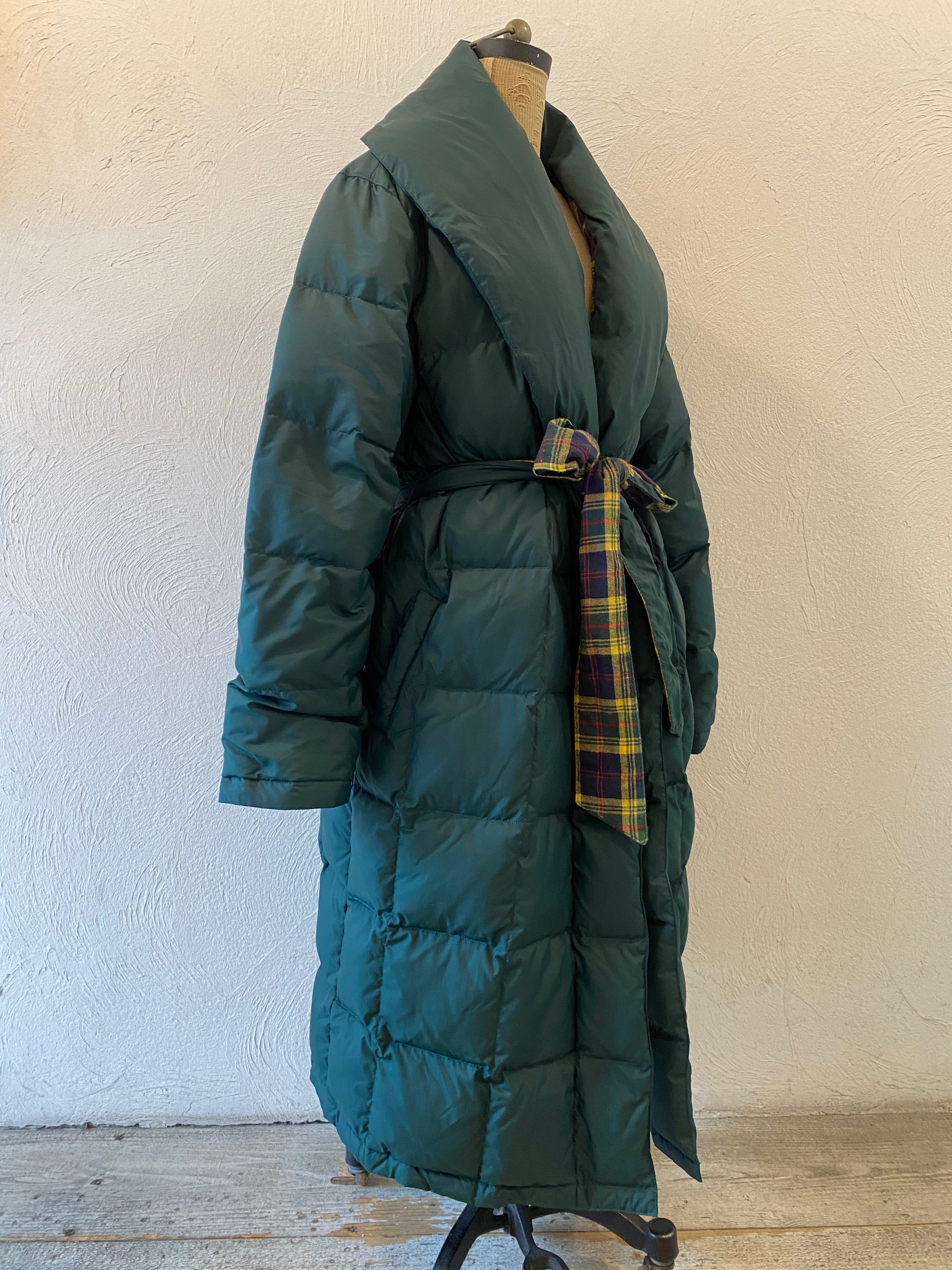 check & down long coat