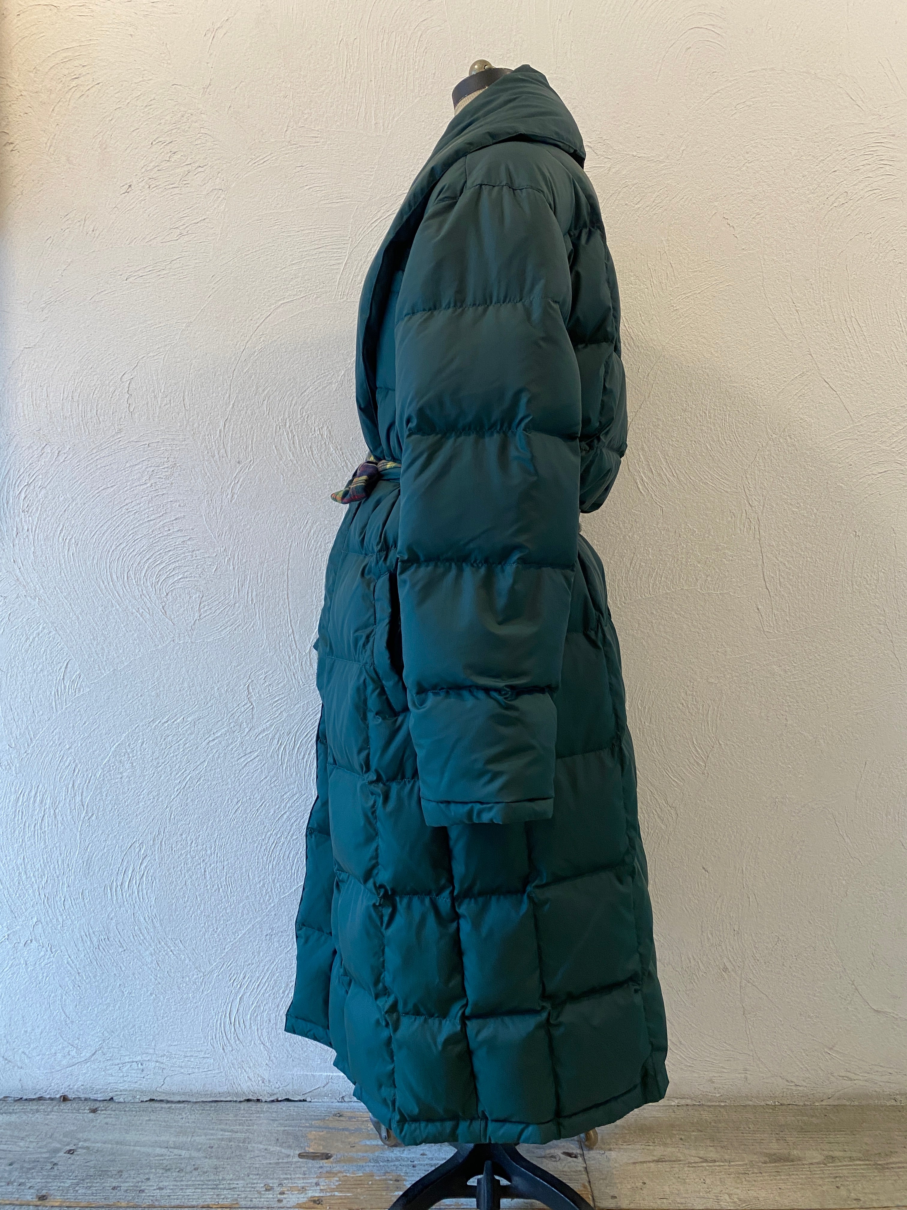 check & down long coat