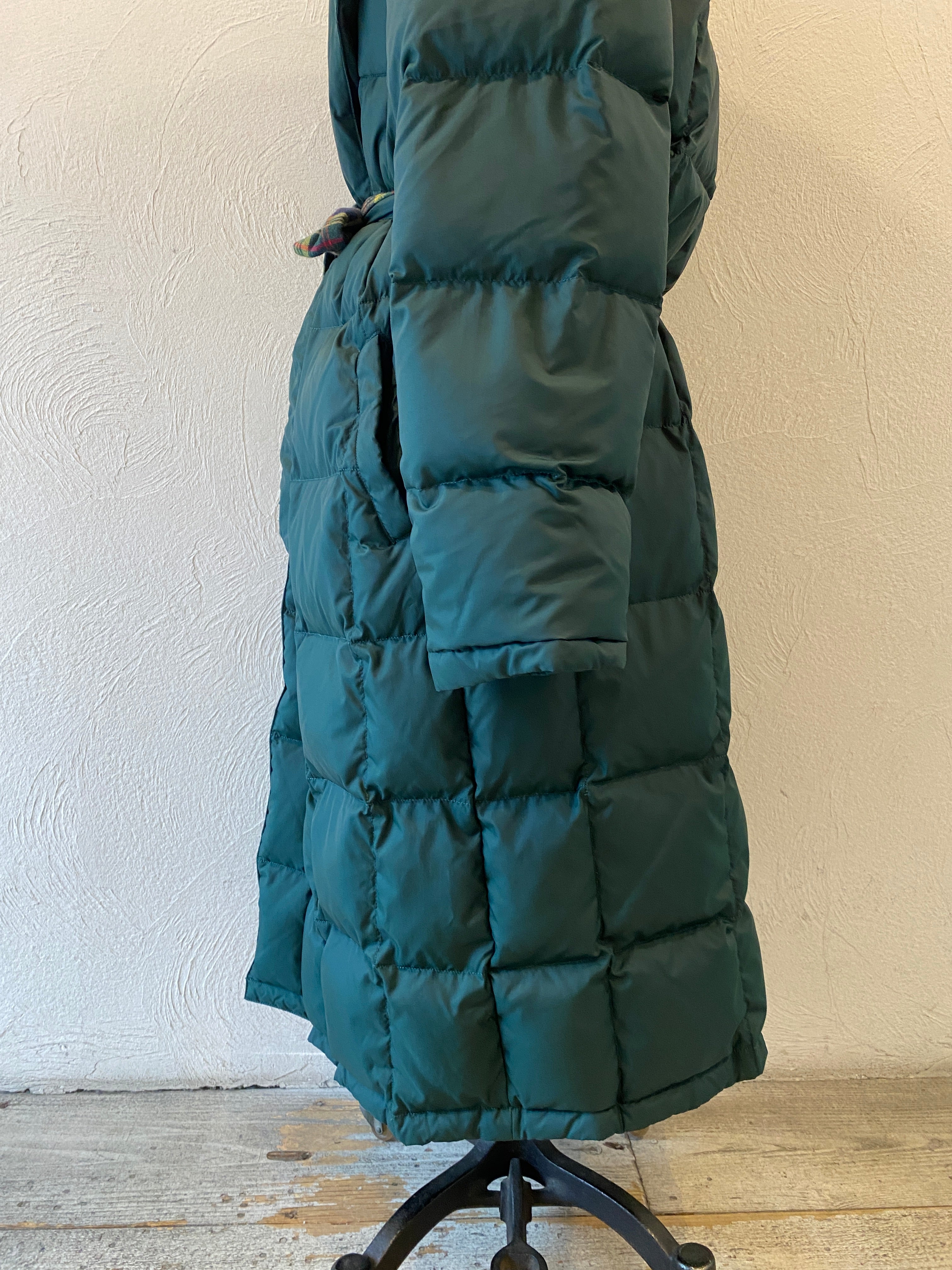 check & down long coat