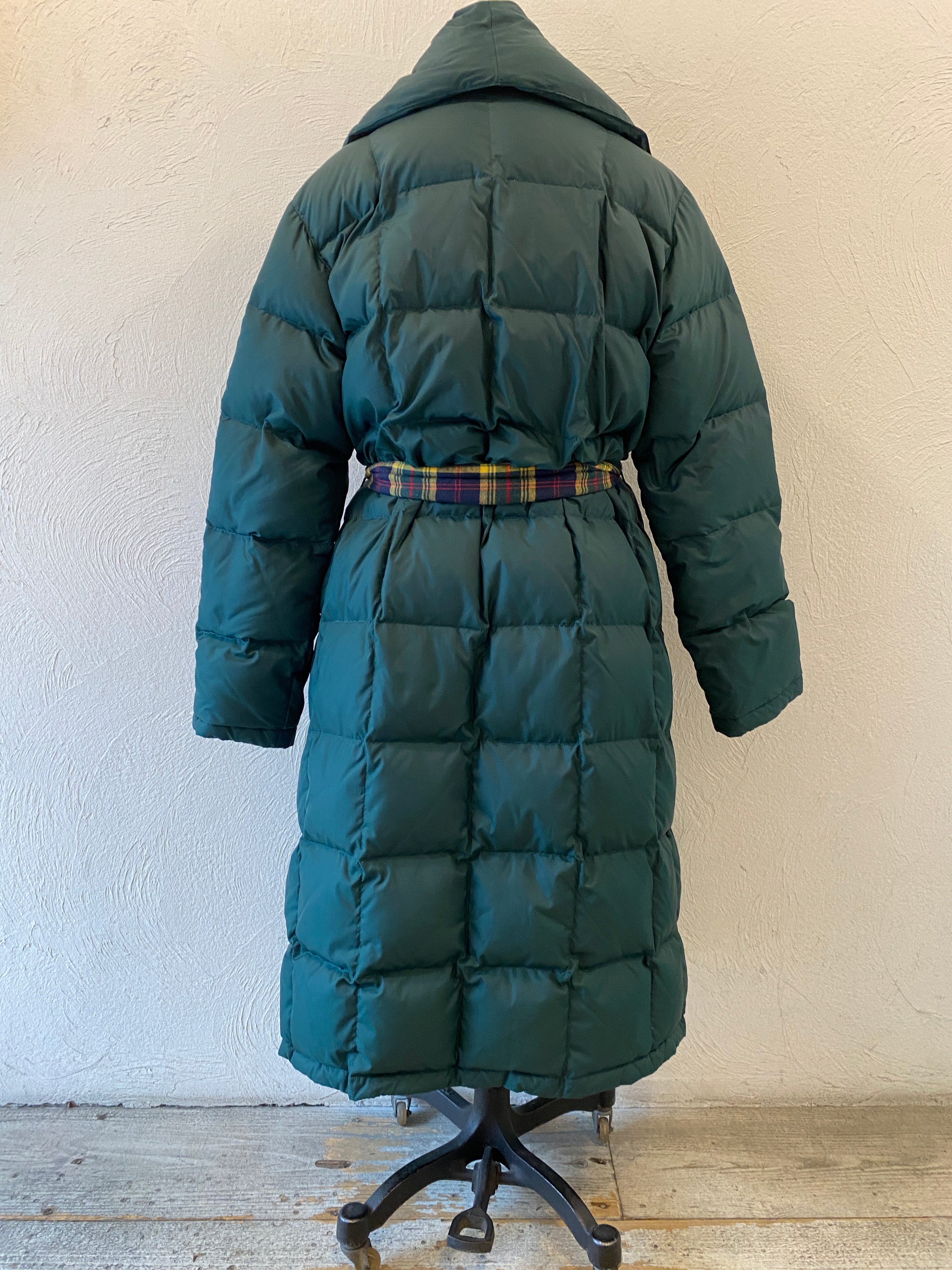 check & down long coat