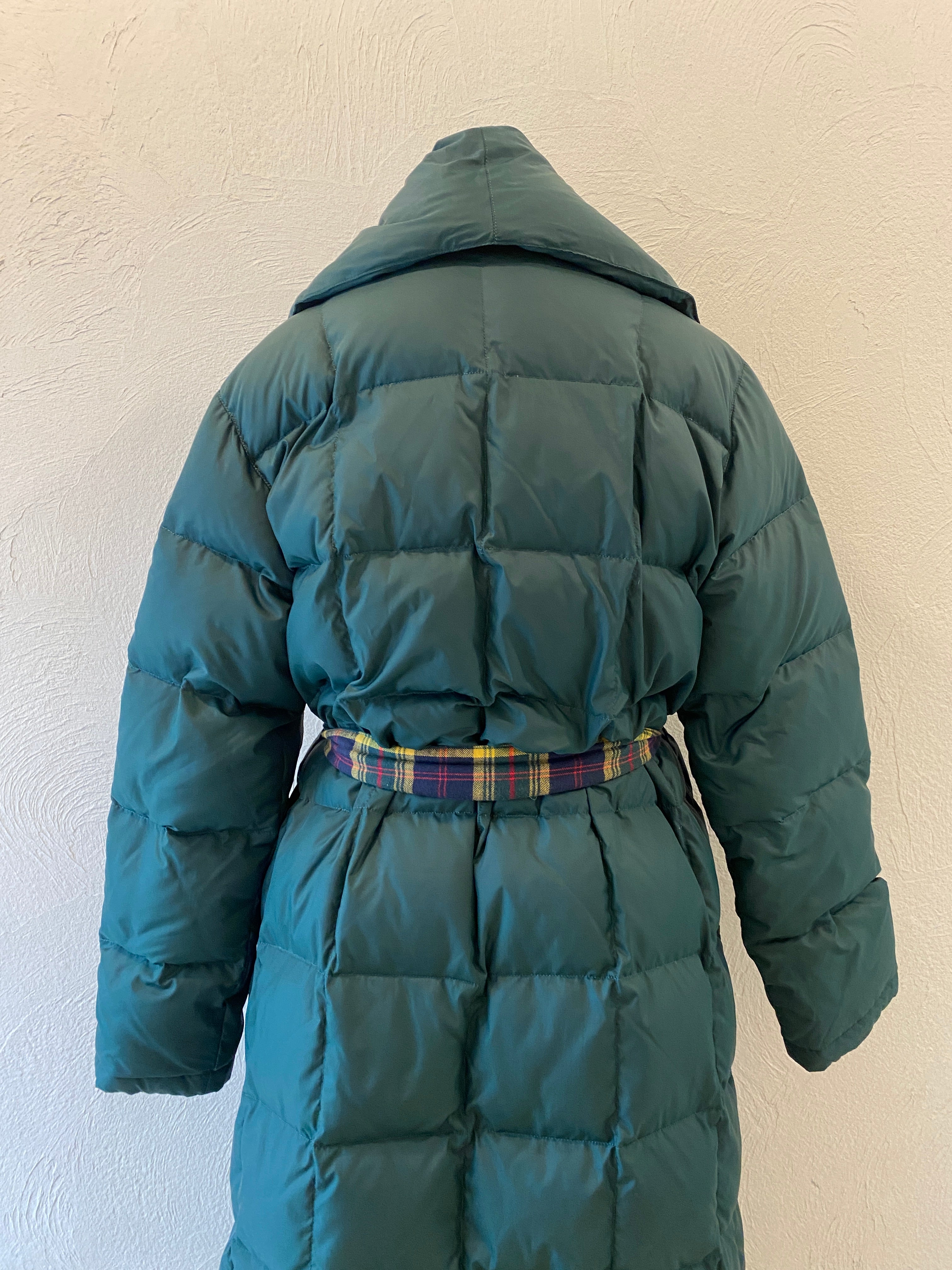 check & down long coat