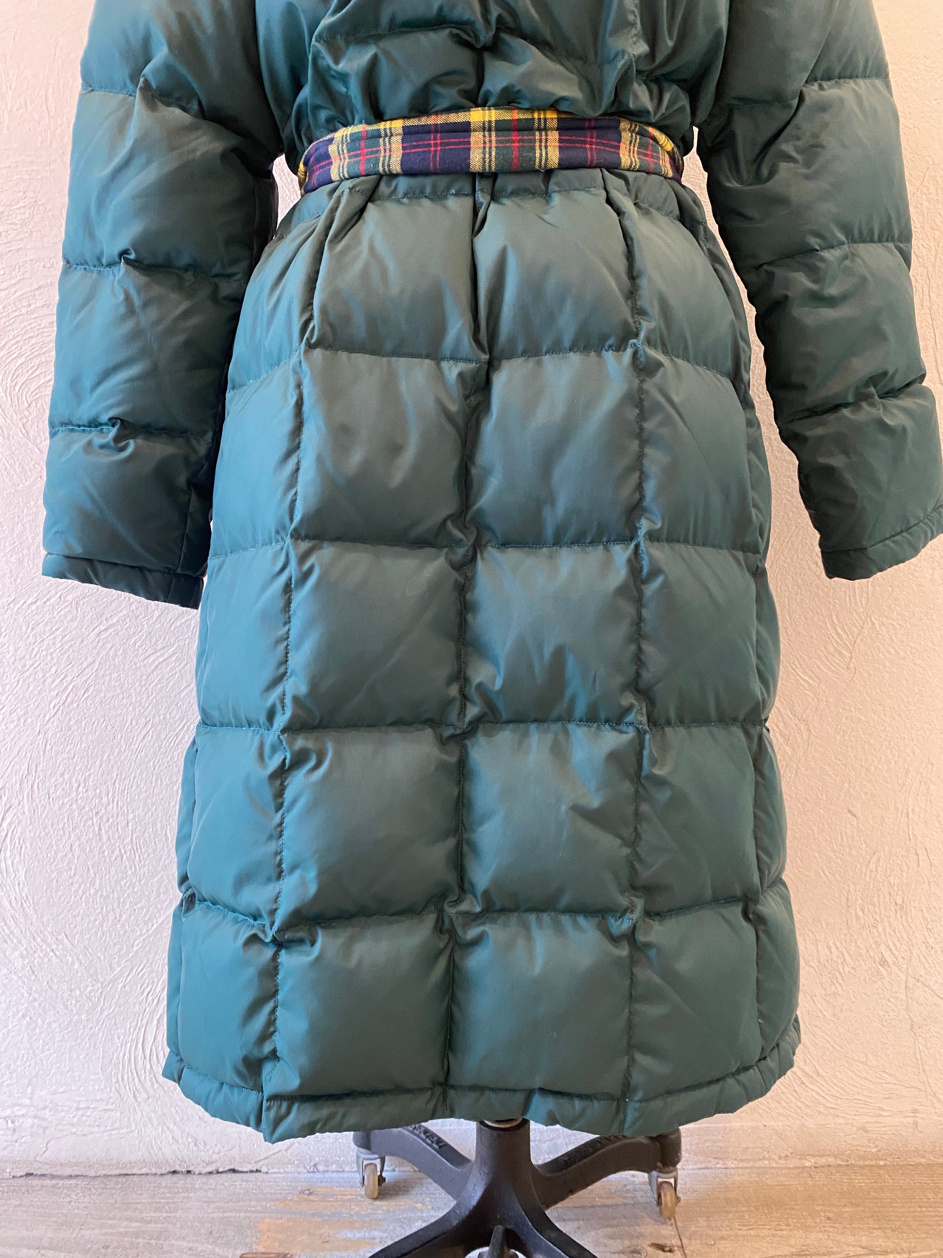 check & down long coat