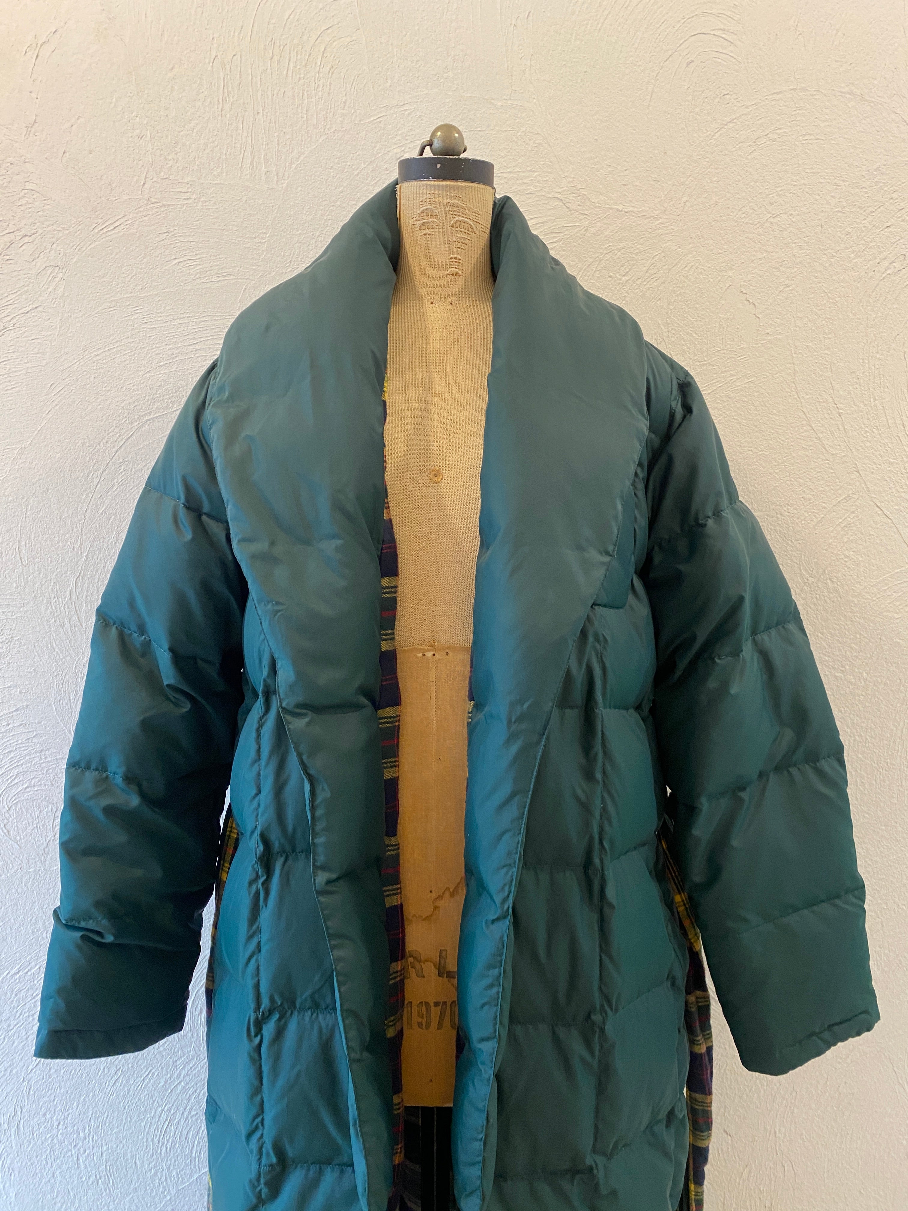 check & down long coat
