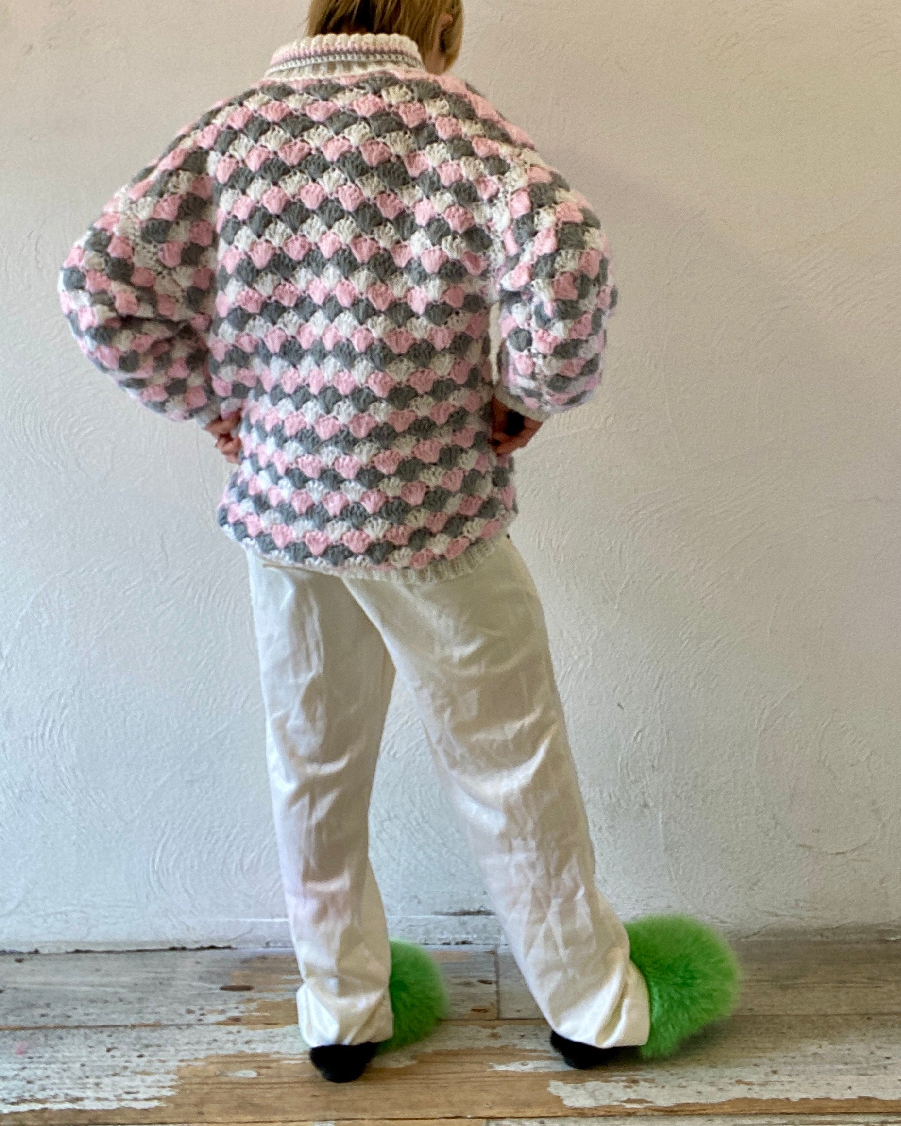 pink gray knit blouson